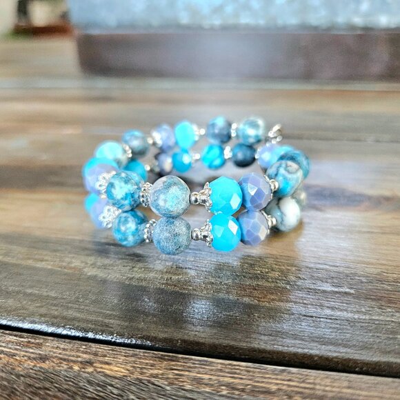 Aqua Gemstone Beaded Bracelet Silver Beach Cruise Memory Wire Designer NWT - Picture 11 of 12